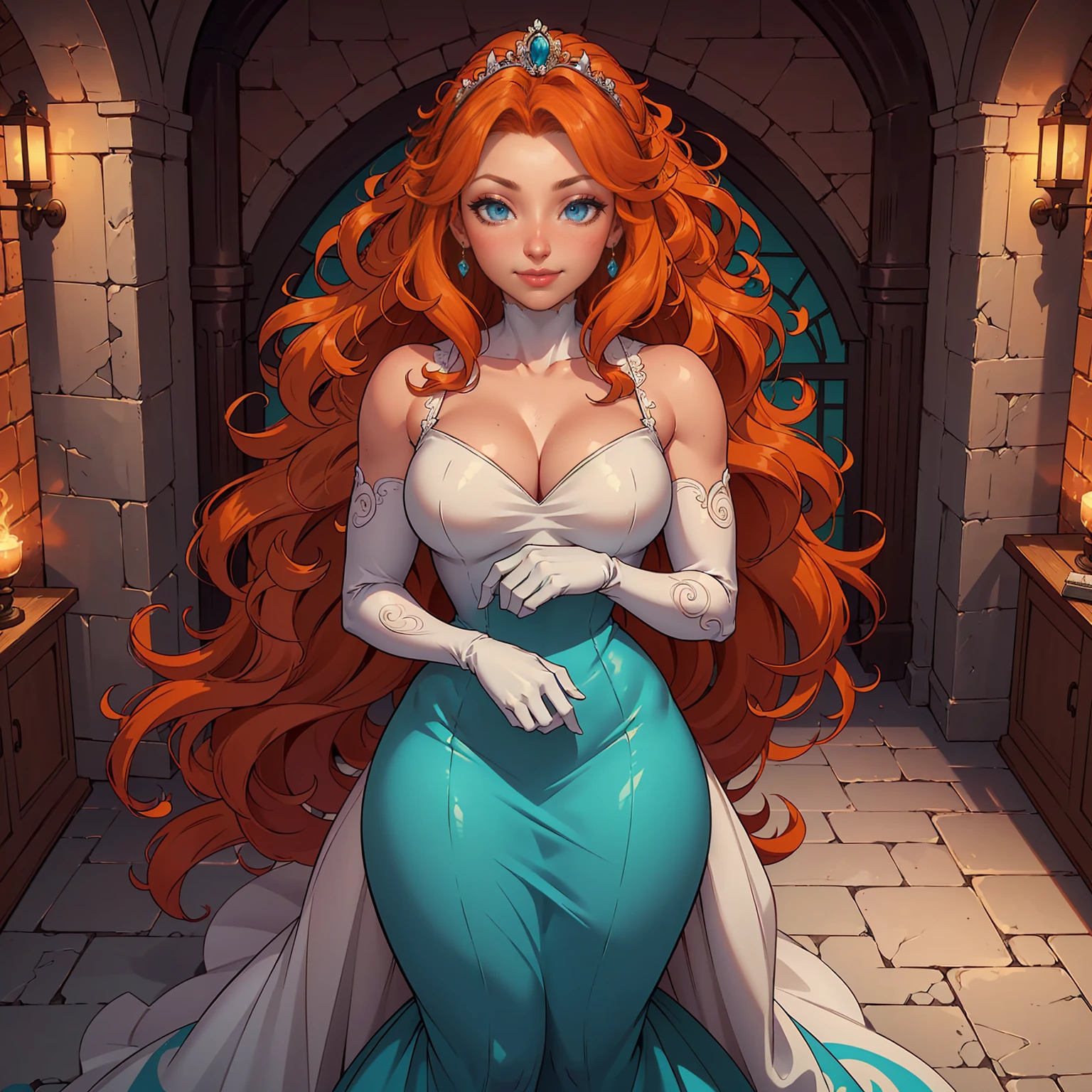 A catwoman with waist-length orange hair and a pair of fluffy ears and a well-groomed tail with a fairly large chest wearing a sky-blue dress that enhances her chest with a pair of white knee-high boots and with a golden bracelet on her right hand in a medieval anime style.