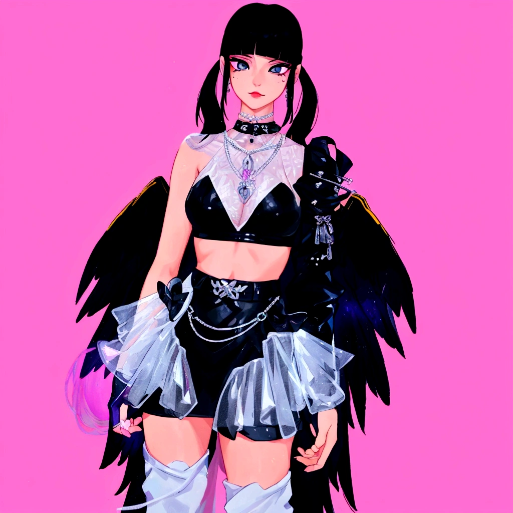 arafed image of a woman in a black outfit imvu, as a mystical valkyrie, villainess has black angel wings, second life avatar, inspired by Sim Sa-jeong, upper body avatar, goth girl aesthetic, she has black hair with bangs, portrait of jossi of blackpink, HD, Detailed, clear color, high quality