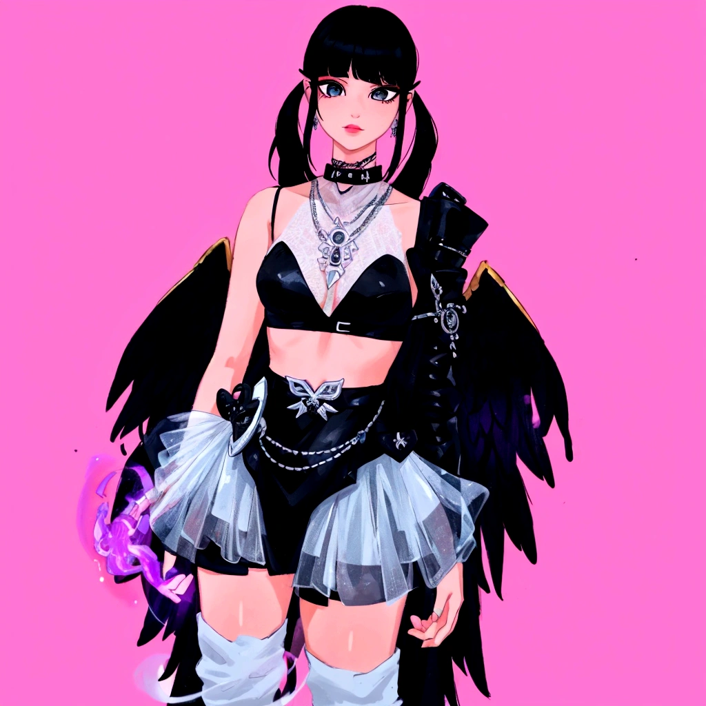arafed image of a woman in a black outfit imvu, as a mystical valkyrie, villainess has black angel wings, second life avatar, inspired by Sim Sa-jeong, upper body avatar, goth girl aesthetic, she has black hair with bangs, portrait of jossi of blackpink, HD, Detailed, clear color, high quality