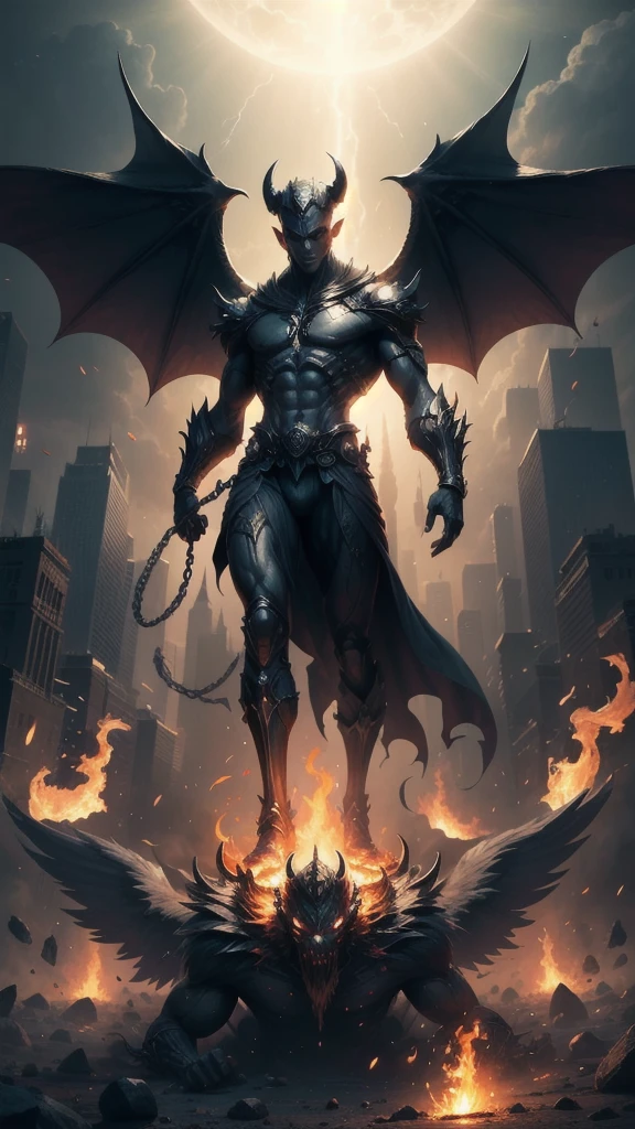 ((Men)) ((man)) devil, Fallen Angel, has six wings, is surrounded by flames or bright light, bat wings, winged figure, usually depicted with open wings and surrounded by light, be with multiple wings, has the appearance of human, alien gris y devil con alas y a menudo se representa con objetos simbólicos, devil, lucifer, satan, vassago, morning Star. 