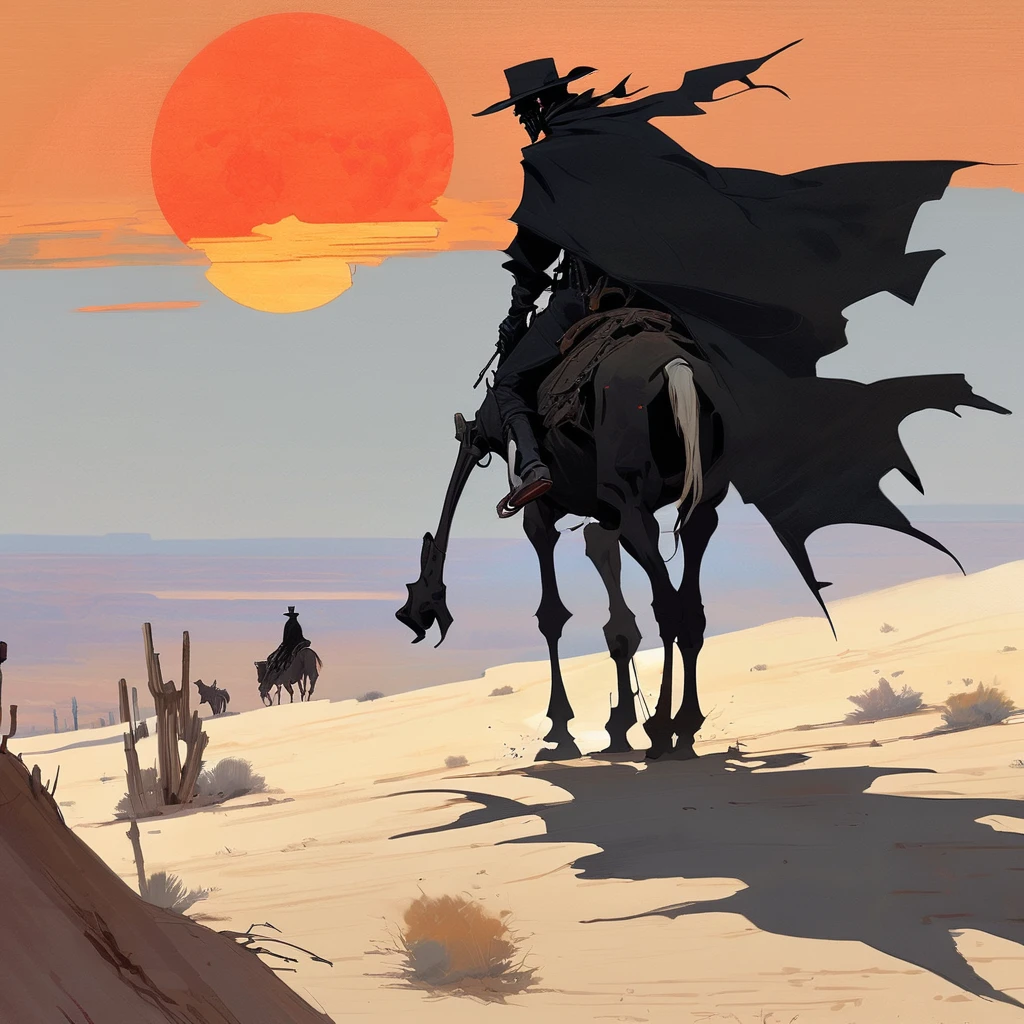1man,Old West, Desert, scorching sun, silhouette, gloomy, black clothes, gunslinger, horizon, from far, Oil paint, black and white, horse, cape, red sun, Skull, living dead, skeleton