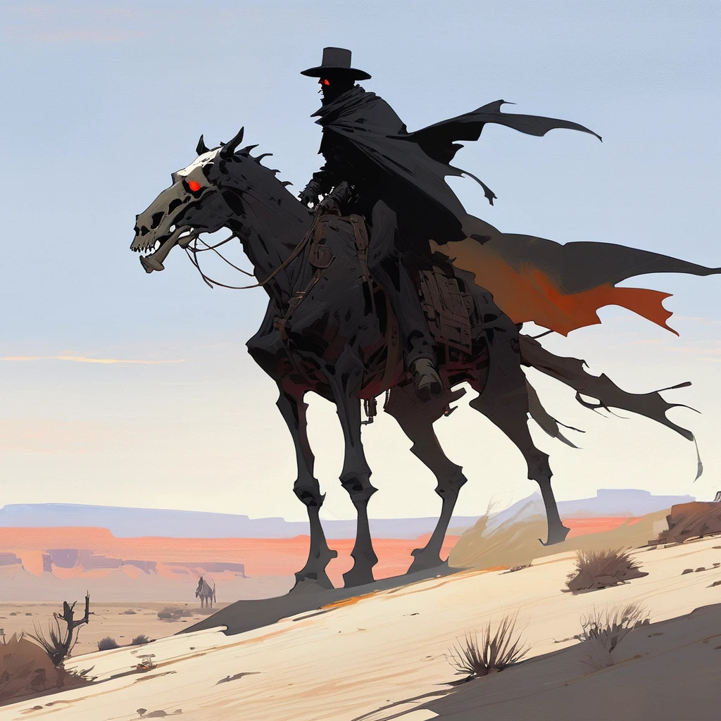1man,Old West, Desert, scorching sun, silhouette, gloomy, black clothes, gunslinger, horizon, from far, Oil paint, black and white, horse, cape, red sun, Skull, living dead, skeleton