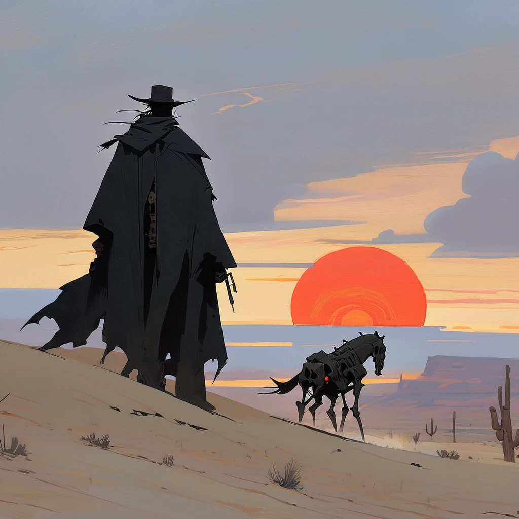 1man,Old West, Desert, scorching sun, silhouette, gloomy, black clothes, gunslinger, horizon, from far, Oil paint, black and white, horse, cape, red sun, Skull, living dead, skeleton 