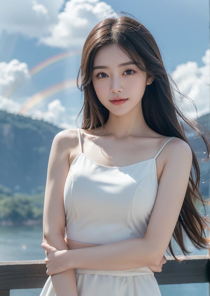 1 girl, serene expression, mesmerizing eyes, straight long hair, flowing dress, poised posture, porcelain skin, subtle blush, crystal pendant BREAK golden hour, (rim lighting):1.2, warm tones, sun flare, soft shadows, vibrant colors, painterly effect, dreamy atmosphere BREAK scenic lake, distant mountains, willow tree, calm water, reflection, sunlit clouds, peaceful ambiance, idyllic sunset, ultra detailed, official art, unity 8k wallpaper , zentangle, mandala