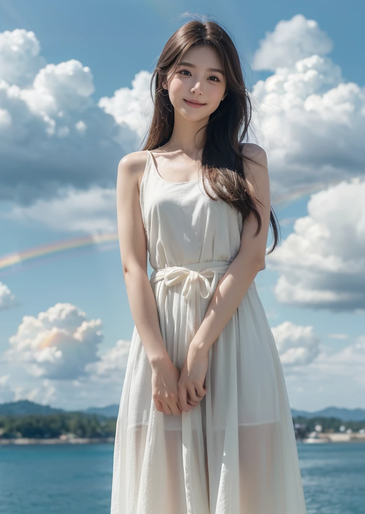 (Realisticな, photo-Realisticな:1.37),(8K, RAW Photos, Highest quality, masterpiece:1.2), Ultra-detailed, 超High resolution, Kodak Vision Color, Filmed with an Arricam LT camera,Highest quality, Lively, 8K, High resolution, 1 female, Japanese、Escape, (Professional Lighting), (Portraiture:0.6),Brown Hair, (Medium Hair),23 years old、Pure white dress、 Realistic, a hyperRealistic , ((Perfect beautiful eyes)), pose for a photo (((The background is white clouds and a rainbow))、 ((Angelの翼)) 、Angel、美しいAngel、両肩にAngelの翼、White Wings、A gentle smile、 (((No extra arms))),
