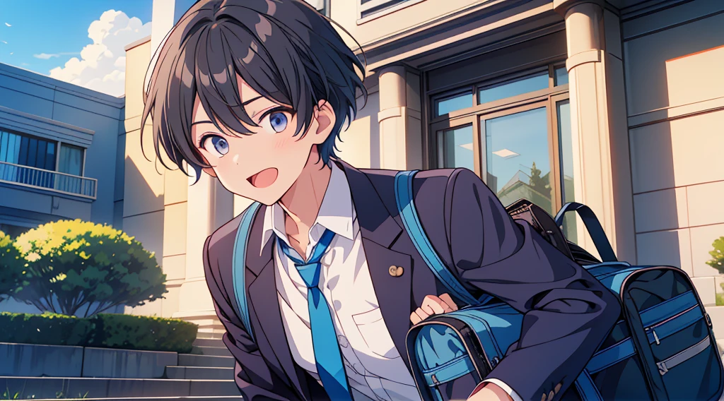 1boy、Highest quality, Ultra-high resolution, masterpiece, 8K quality,My son, a junior high school student, wears a navy blue blazer for his uniform.、Blue tie、Navy blue school bag、A mother seeing her son off to junior high school、 Laughing happily. There is a building in the background, Flat school building, Warm Spring.Face close-up、