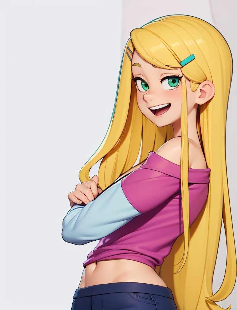 score_9, source_cartoon, 1girl, solo, Kelly Marra, looking very happy, long hair, blonde hair, cute green eyes, hair ornament, hairclip, blue pants, white star (symbol) in the middle of the shirt, Pink off shoulder t-shirt with white long sleeves,