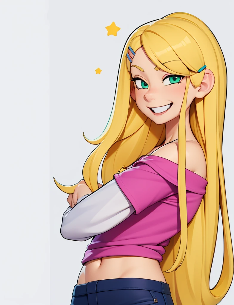 score_9, source_cartoon, 1girl, solo, Kelly Marra, looking very happy, long hair, blonde hair, cute green eyes, hair ornament, hairclip, blue pants, white star (symbol) in the middle of the shirt, Pink off shoulder t-shirt with white long sleeves,
