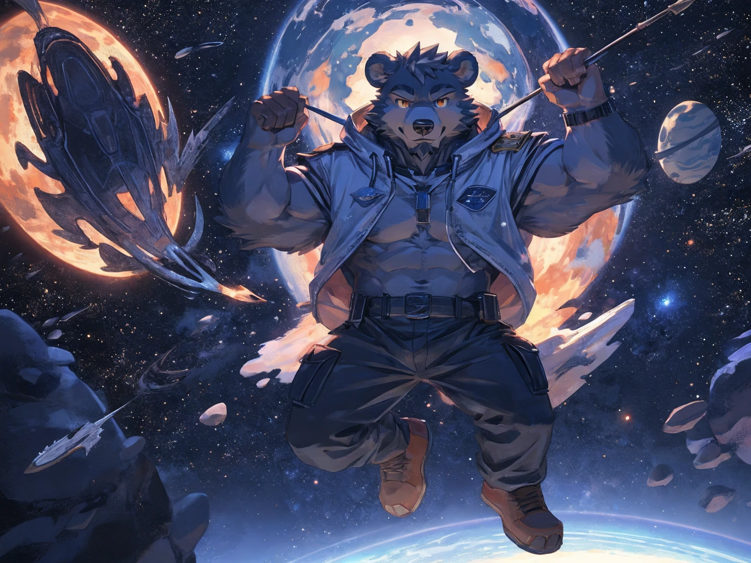 (masterpiece:1.2), best quality,pixiv,official art,perfect anatomy, (Ray tracing, light),solo, (1_male:1.3) , (muscle), (grey fur:1.4), (muscle bear), (beard:1.2), (gleaming golden eyes), bear tail, full body, Thick black eyebrows,(open hooded parka), (naked inside), (cargo pants:1.2), boots , (in the space:1.3) , star , planet , earth , asteroid , character floating