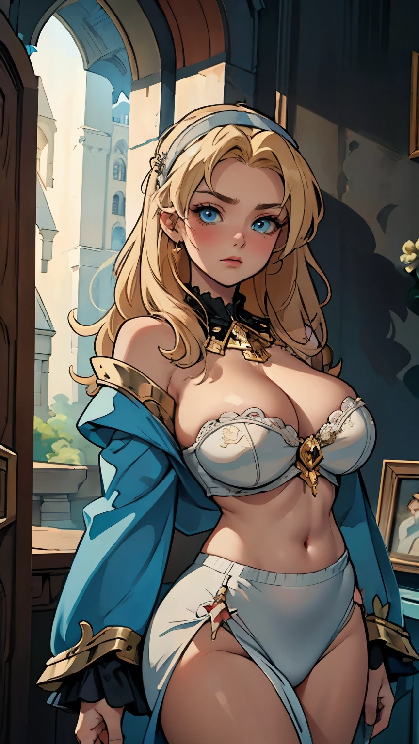 one with long golden hair, agitated fringe, Nordic heritage, a figure, Delicate facial features, pale skin, Porcelain Skin, an innocent look, but determined, she wears an exquisite headband, dressed in a two-piece costume style Slavic royal dress, a fur shawl draped over the shoulders, wide sleeves, a luxurious layered skirt, the background features a royal castle in fantasy style, This character embodies a finely crafted fantasy-style Slavic princess in anime style, exquisite and mature manga art style, High definition, best qualityer, high resolution, ultra detali, ultra-fine painting, extremely delicate, proffesional, anatomically correcte, symmetrical face, extremely detailed eye and face, high quality eyes, creativity, CRU photo, ultra HD, 32k, naturallight, cinematic lighting, work of art-anatomy-perfect, work of art:1.5
