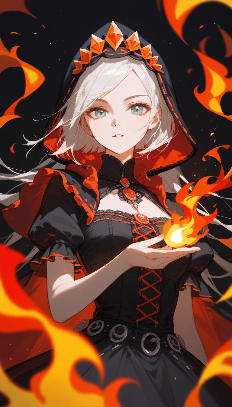 (Fraction_9,Fraction_8_Direction_7_up),1 Woman,(((bust))), Wearing a skirt,Surrounded by flames,Fire Mage,Hair turns into flames,Black clothes,Black silk princess dress,Lolita,Wearing a miniskirt,Raise one hand high,There is a flame in the hand,