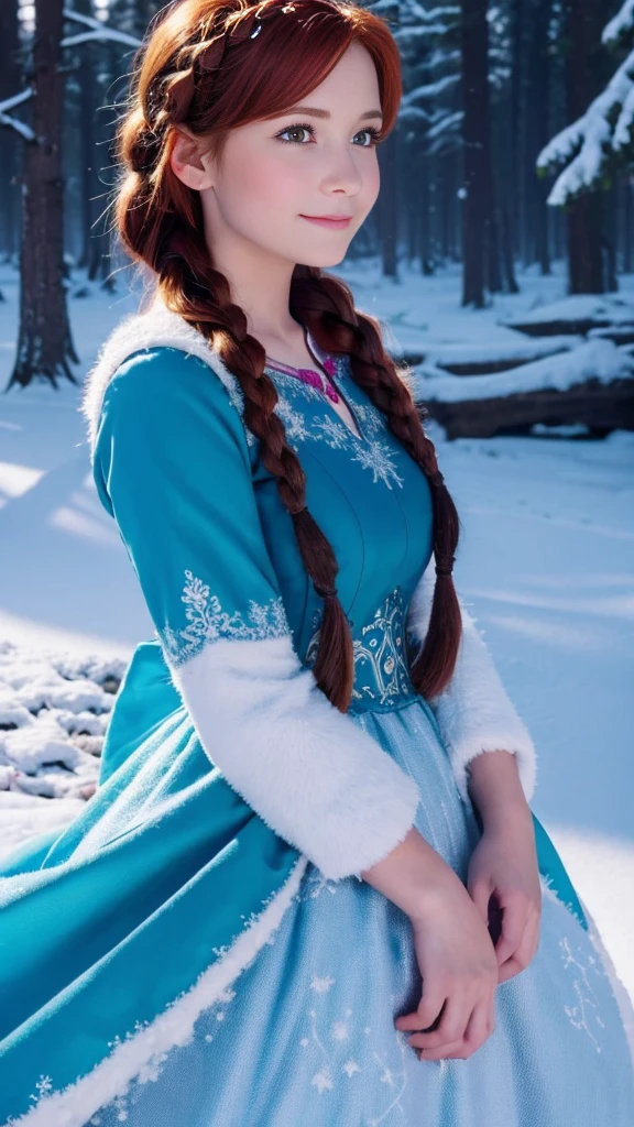 safe, Here is a message in English to generate an image of Anna from the Disney movie. "Frozen":

"Create an image of Anna from Disney's Frozen. She should have her signature red hair styled in two braids.., wear a blue and magenta dress, and be in a snowy context."

Would you like to add any specific details to the message??