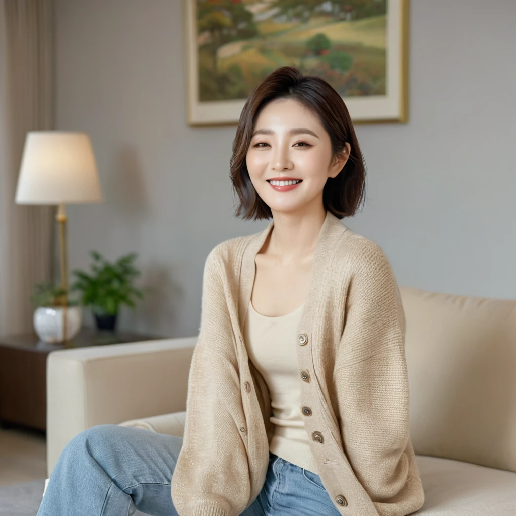 8k best picture quality, Beautiful 36-year-old Korean woman, The eyes are big, round and clear.. smile. short medium hair. Chest size 34 inches, Wearing a cardigan and beige jeans. luxury mansion living room, sit on the sofa and watch tv, full body shot