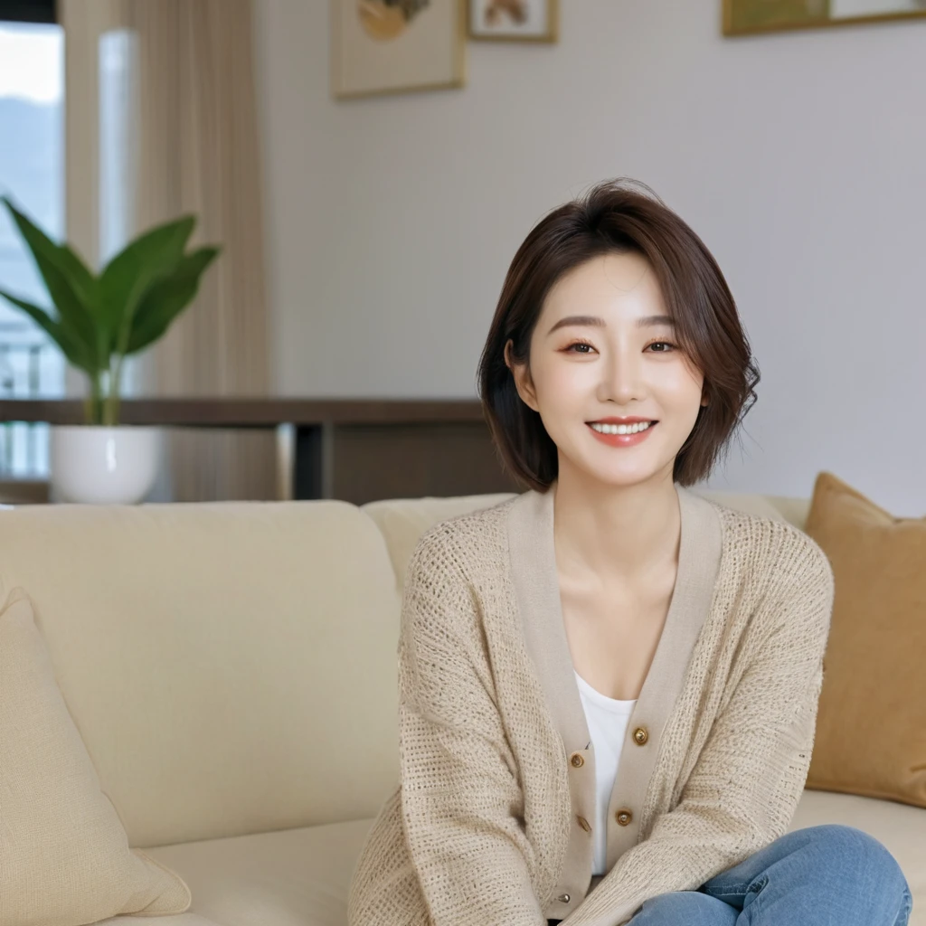 8k best picture quality, Beautiful 36-year-old Korean woman, The eyes are big, round and clear.. smile. short medium hair. Chest size 34 inches, Wearing a cardigan and beige jeans. luxury mansion living room, sit on the sofa and watch tv, full body shot