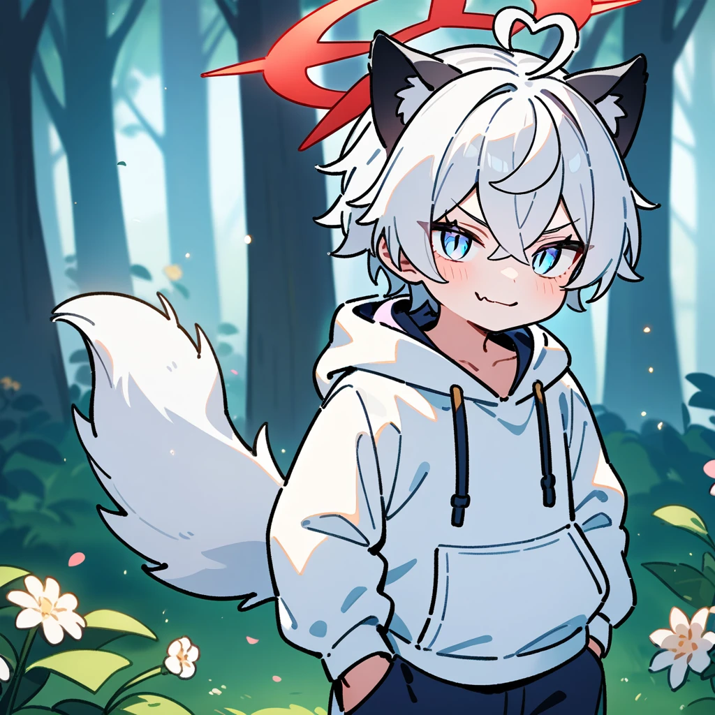 （masterpiece：1.2，high quality），8K，High resolution，A seven-year-old boy，cute boy，white hair，short hair，crossed bangs，light blue eyes，slit pupils，heart ahoge，black ears，cat ears，evil smile，skin fang，red halo，Wearing a white hoodie，Dark blue shorts，Stand in the forest，There are flowering trees on both sides.，primary school student，thigh，alone，dog tail，（Put your hands in your pockets），（（Put your hands in your pockets））