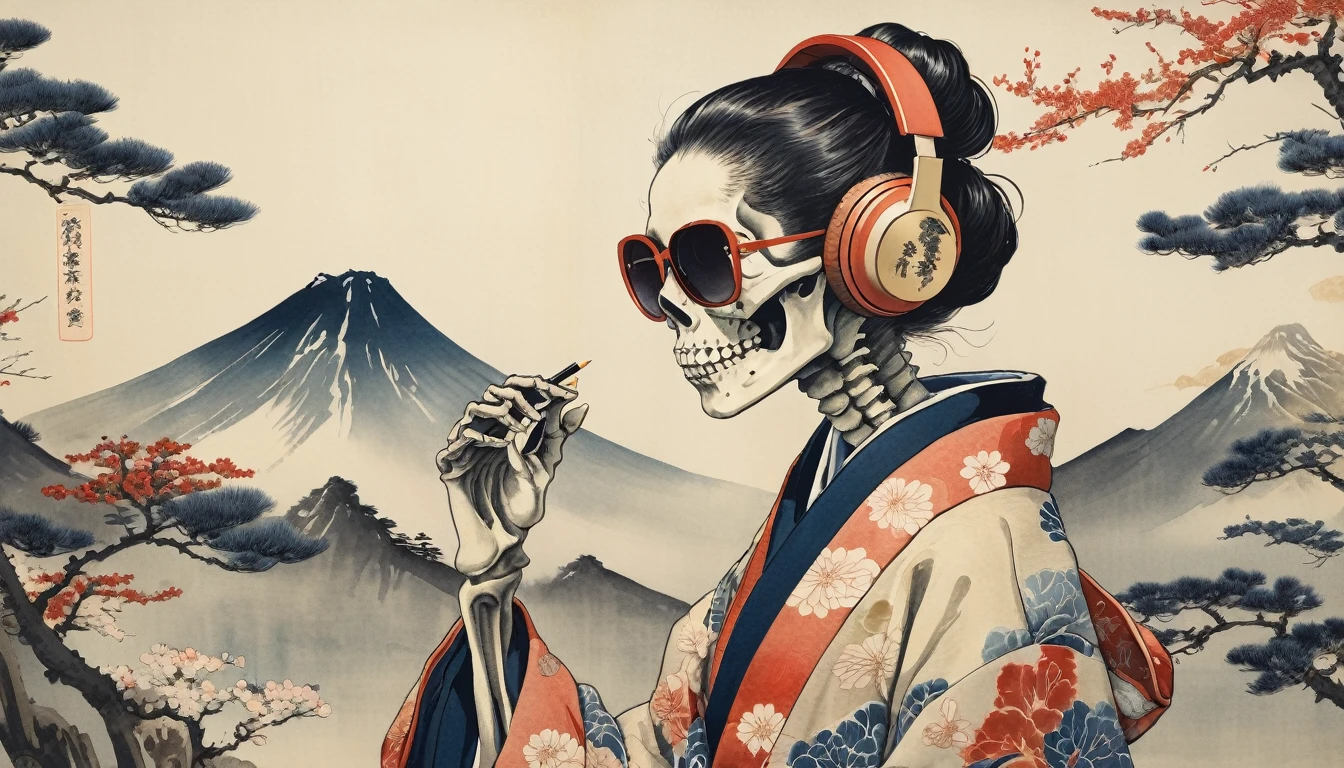 A skeleton wearing a gorgeous kimono, Light colored sunglasses, Katsushika Hokusai, Ink Painting, Japanese style headphones, Delicate and precise, Modern ukiyo-e style