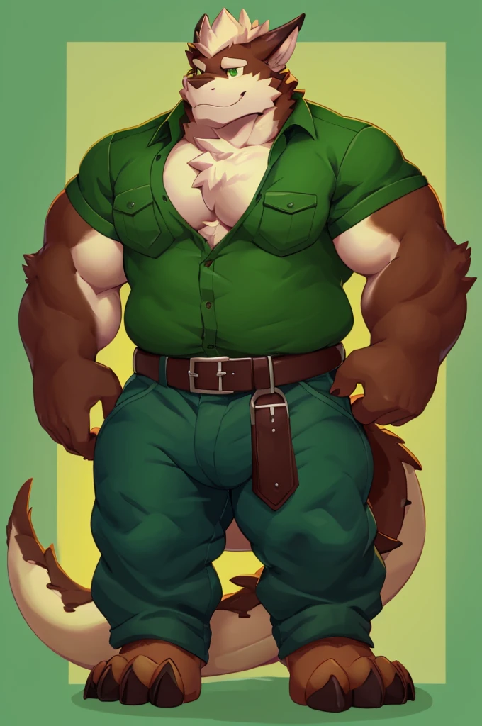 White fluffy fur dragon, Stocky thick body shape, 173 cm, green lumberjack shirt, The sleeves, rolled up to his elbows, Loose-Fitting dark brown pants, brown leather chest belt strap; solid light pastel green background; in cartoon style