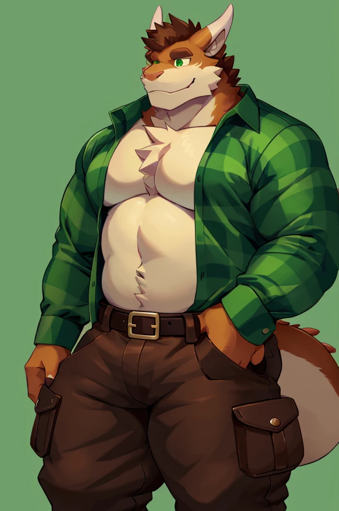 White fluffy fur dragon, Stocky thick body shape, 173 cm, green lumberjack shirt, The sleeves, rolled up to his elbows, Loose-Fitting dark brown pants, brown leather chest belt strap; solid light pastel green background; in cartoon style