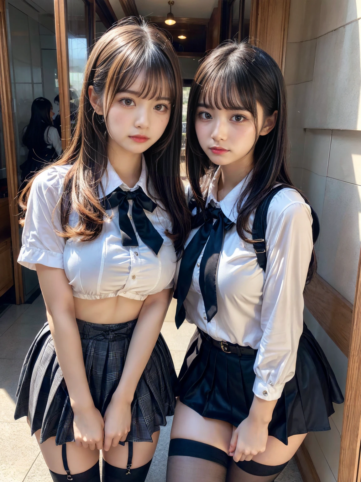 (8K, Raw photography, top-quality, masterpiece:1.2), muster piece, best quality, illustration, Super detailed, fine details, High resolution, 8K,wall paper, perfect dynamic composition,(Details High quality, realistic depiction of eyes:1.3), ((2 girls, 2 schoolgirls)), The background is a luxury hotel room、High school girl uniform、blazer 、Super Short Check Uniform Skirt、Navy blue high socks、garterbelts、Colossal tits、Disturbed uniform, Play with each other,Touching each other's bodies,Touching the body of the girl next door, short bob hair, black hair color, huge breasts, Big Natural Color Lip, bold sexy pose, (perfect body shape), crying a little、cold gaze, Harajuku style、Beautiful makeup,glitter makeup,Cutest 18 years old、 beautiful legs, hposing Gravure Idol, Voluptuous thighs