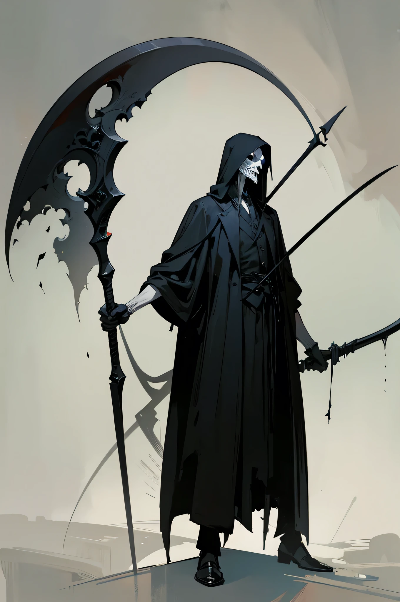 A painting of a man holding a sickle and a scythe, Scythe design, the Angel of Death, Angel of Death, Full body concept, Spooky and gloomy art style, Detailed but rough, Pure black body, detailed Full body concept, Grim Reaper Illustration, Demon Soul concept art, skeleton with extra fleshy bits, dark souls concept