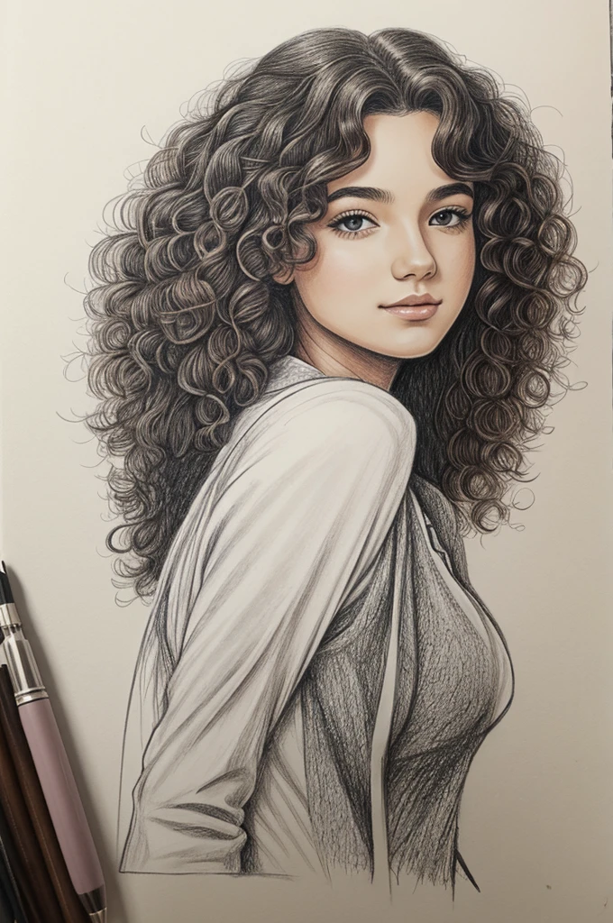 a drawing of a curly hair girl withe pen on her shoulder
