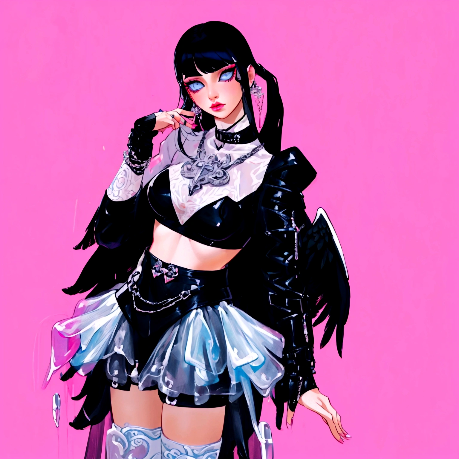 arafed image of a woman in a black outfit  imvu, as a mystical valkyrie, villainess has black angel wings, second life avatar, inspired by Sim Sa-jeong, upper body avatar, goth girl aesthetic, she has black hair with bangs, portrait of jossi of blackpink, HD, Detailed, clear color, high quality
