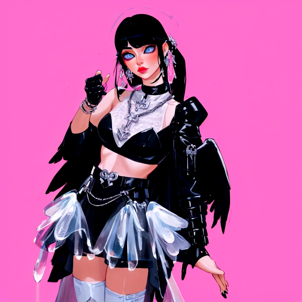 arafed image of a woman in a black outfit  imvu, as a mystical valkyrie, villainess has black angel wings, second life avatar, inspired by Sim Sa-jeong, upper body avatar, goth girl aesthetic, she has black hair with bangs, portrait of jossi of blackpink, HD, Detailed, clear color, high quality