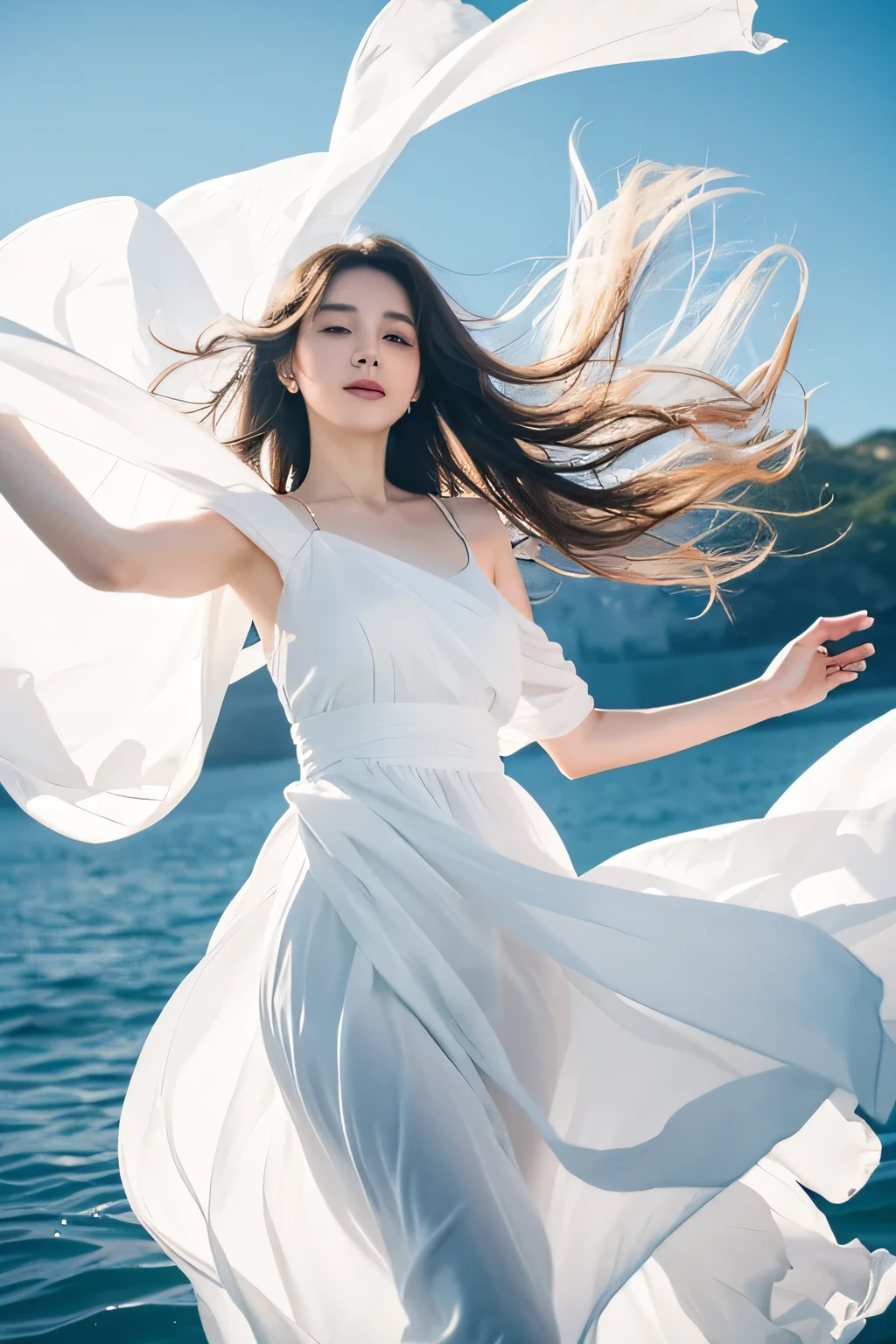 People in white dresses are dancing, wearing a white flowing dress, Flowing robe, flowing white dress, dancing girl in white dress, floating dress, Silk fluttering in the wind, flowing white robe, White cloth sparkles in the wind, Elegant floating posture
