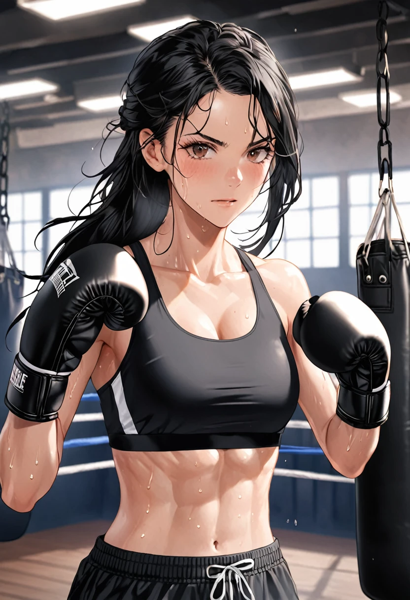 Woman boxer, handsome face, toned, sports bra, long black pants, long black hair, boxing gloves, sweating