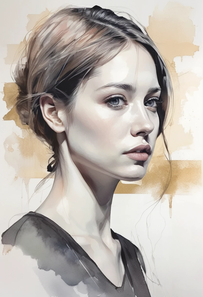 Sarah Shannon, (Vector art:1.4), Minimalism、Beautiful face girl、White background、Drawn in black pencil、diego gisbert lawrence、Joe San Gonzalez Dan Mumford、Picture book illustrations、vague、superwide shot、Highest quality、Intensive、Golden ratio composition、Watercolor、