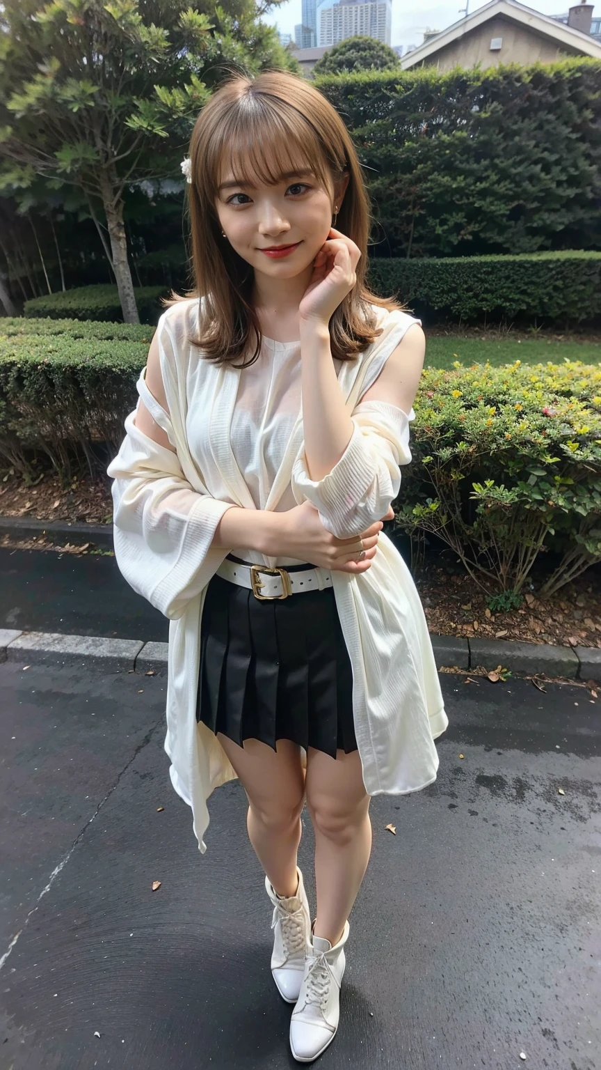 (8K、RAW Photos、Highest quality、masterpiece:1.2)、(Realistic、Realistic)、1 Girl、((Frills、See-through、smile、black and white mini skirt、Thin legs、whole body、boots、garden、View from the front、Looking into the camera、belt、Stand with hands on hips))、cute
