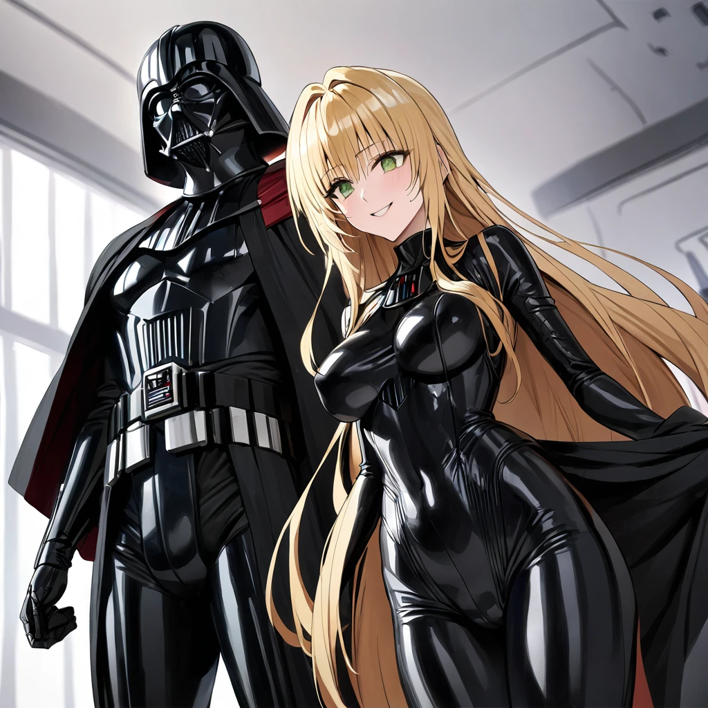 ((Highest quality)), ((masterpiece)), (detailed), （Perfect Face）、The woman is the Sith Lord Tearju, with green eyes, blonde medium-long hair, and is wearing the same bodysuit as Darth Vader, the same helmet as Darth Vader, and a black cloak.、The woman is standing next to Darth Vader and smiling sweetly at him.