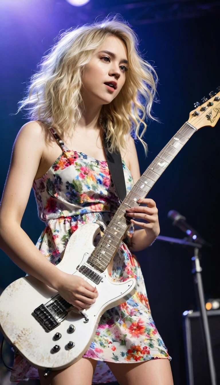 A beauty young woman with disheveled blonde hair and flowered dress playing a white electric guitar for the audience on the stage