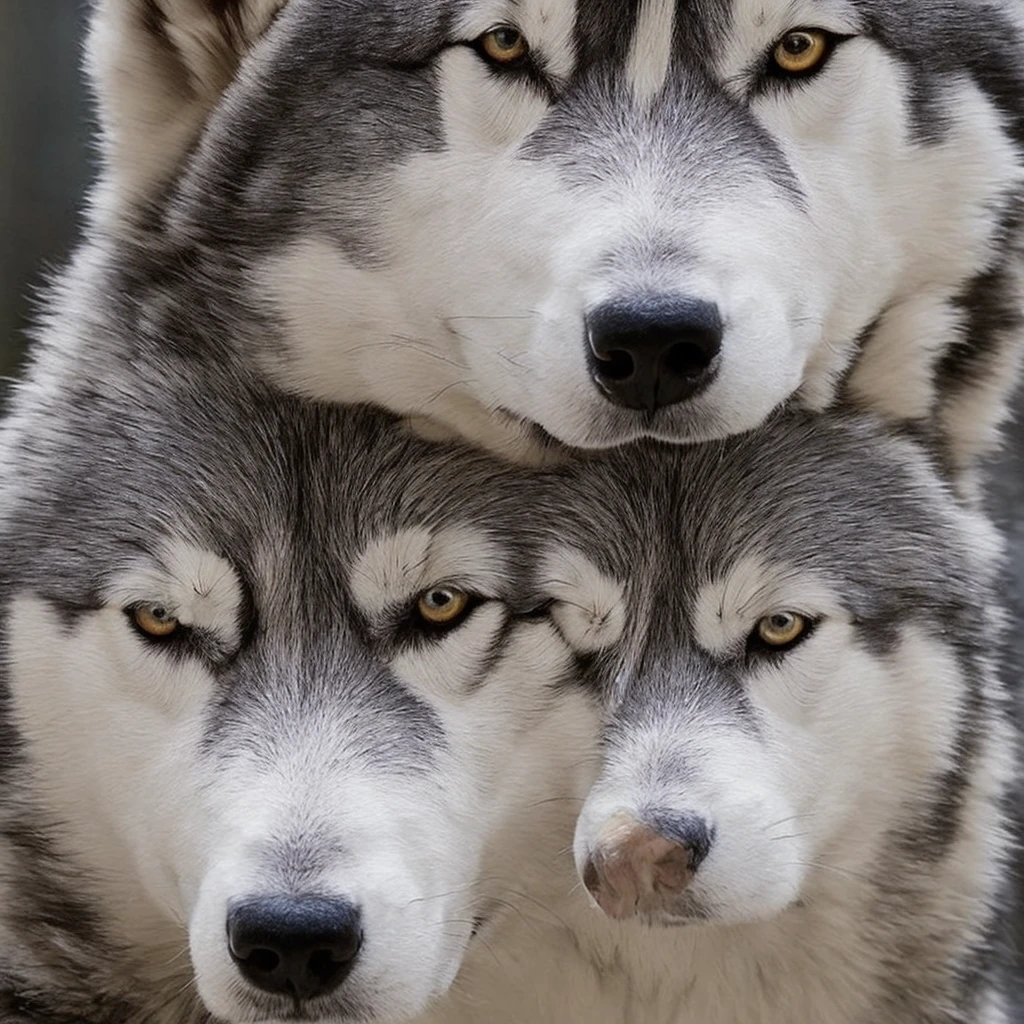 Create a sharp and modern logo featuring the head of a husky. The husky's eyes should be piercing, and use shades of gray and white to capture the fur texture. The logo should have a geometric design with sharp edges while maintaining the natural essence of the husky's features. Aim for a vintage classroom atmosphere, with a soft-focus background and high contrast, creating a unique and educational mood.

Additionally, incorporate the following elements:
- **Highlight the shape of the husky's ears.**
- **Place a small snowflake or ice crystal in the center of the logo.**
- **Add an icy crystal texture to the husky's fur.**
- **Include subtle paw prints around the husky's head.**

