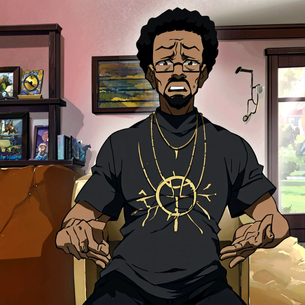 In a high-resolution, ultra-sharp 8k masterpiece, our African man with a tall, slightly chubby body and black skin is beautifully depicted in the iconic Boondocks anime style. His short black hair is neatly groomed, and he sports a stylish black head cover and glasses that frame his lazy eyes. A subtle goatee adds to his laid-back attitude.

The scene is set in his room, where he is seen wearing a black t-shirt and matching pants. The background is detailed and immersive, showcasing his personal space with just the right amount of clutter and personal touches.

As he sits in his room, the exhaustion of not being able to sleep for three days is evident in his slightly drooping eyes and weary expression. Despite his fatigue, there is a sense of quiet contemplation and resilience in his posture.

The artwork captures the essence of this character in stunning detail, making it a true masterpiece that fans of the Boondocks series will appreciate and admire.