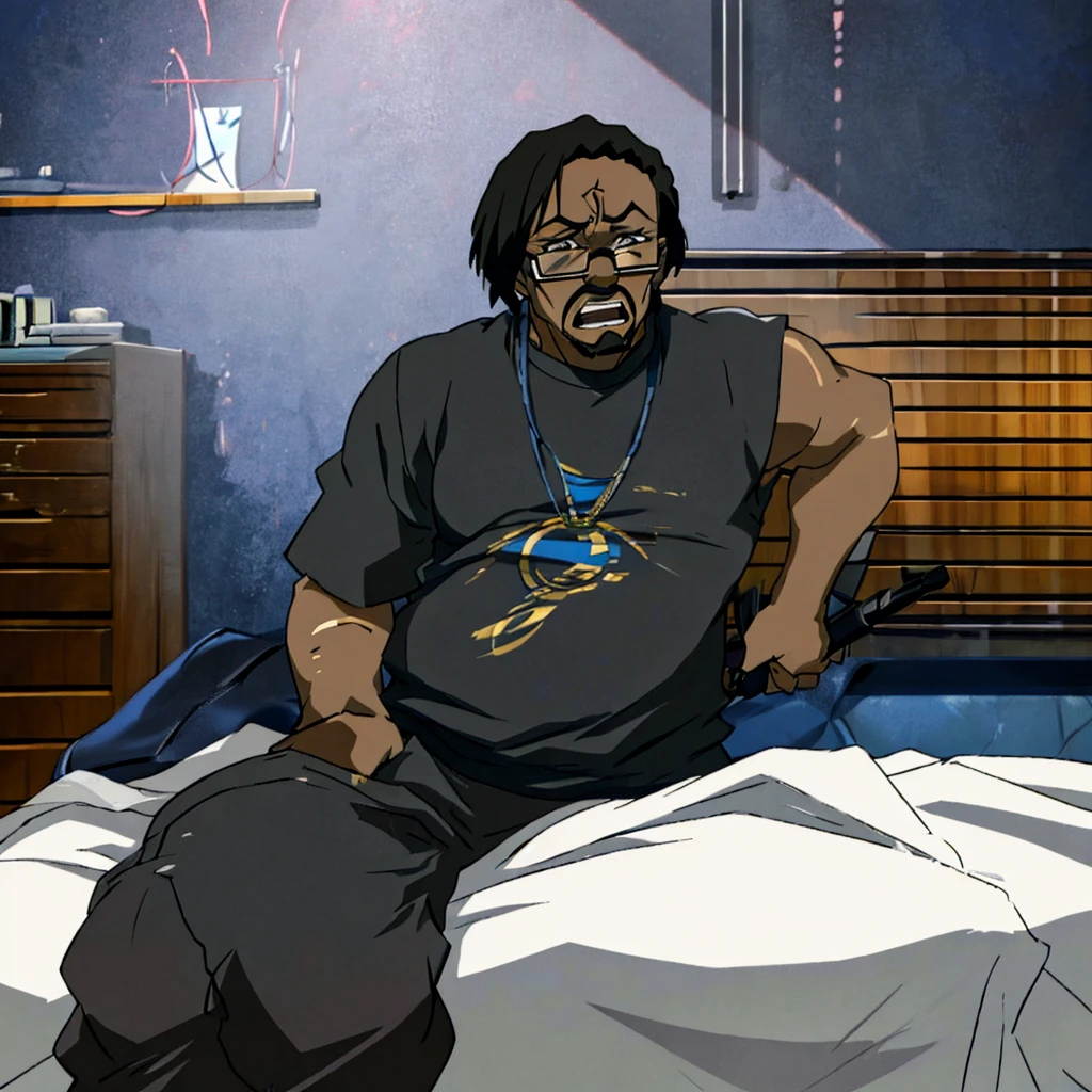 In a high-resolution, ultra-sharp 8k masterpiece, our African man with a tall, slightly chubby body and black skin is beautifully depicted in the iconic Boondocks anime style. His short black hair is neatly groomed, and he sports a stylish black head cover and glasses that frame his lazy eyes. A subtle goatee adds to his laid-back attitude.

The scene is set in his room, where he is seen wearing a black t-shirt and matching pants. The background is detailed and immersive, showcasing his personal space with just the right amount of clutter and personal touches.

As he sits in his room, the exhaustion of not being able to sleep for three days is evident in his slightly drooping eyes and weary expression. Despite his fatigue, there is a sense of quiet contemplation and resilience in his posture.

The artwork captures the essence of this character in stunning detail, making it a true masterpiece that fans of the Boondocks series will appreciate and admire.