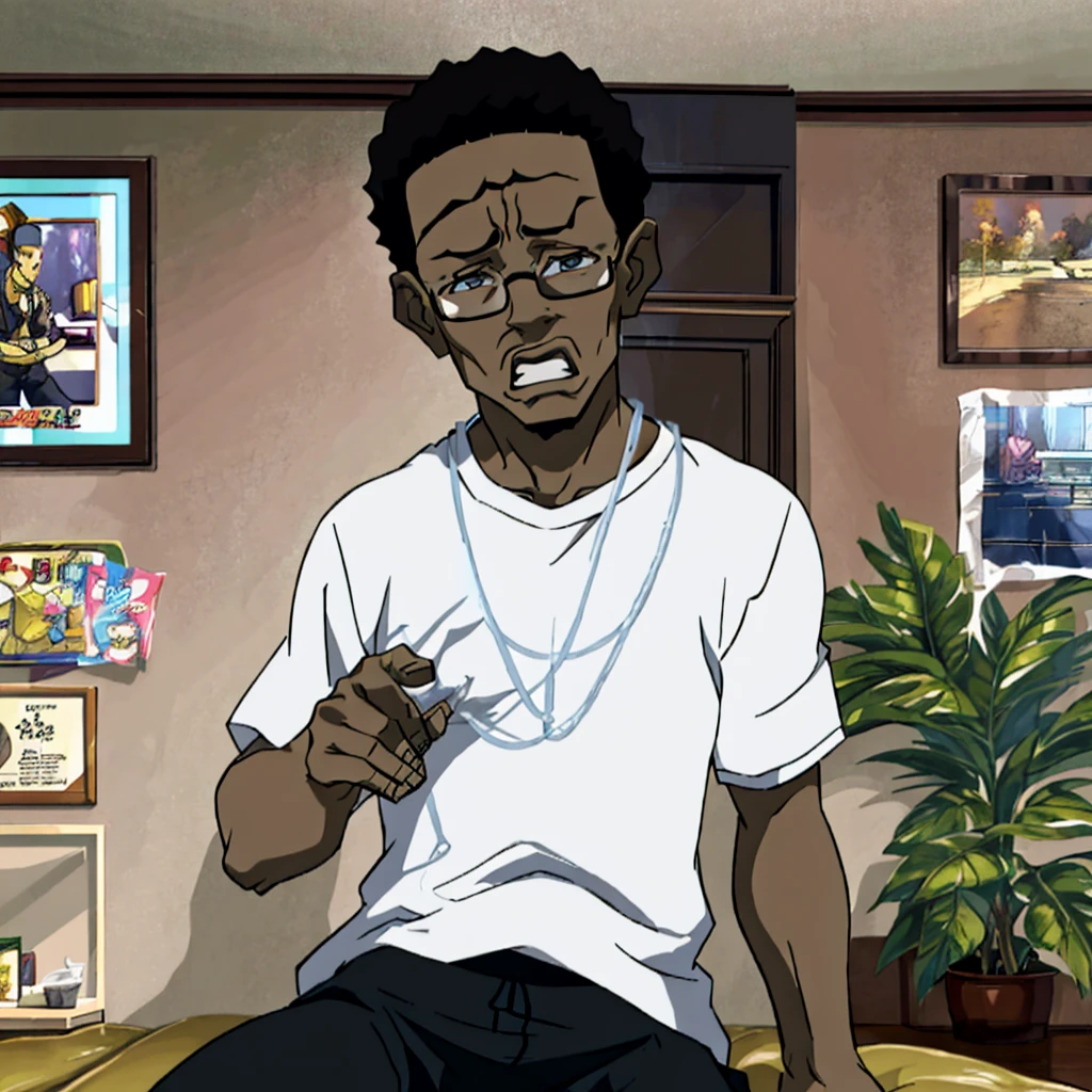 In a high-resolution, ultra-sharp 8k masterpiece, our African man with a tall, slightly chubby body and black skin is beautifully depicted in the iconic Boondocks anime style. His short black hair is neatly groomed, and he sports a stylish black head cover and glasses that frame his lazy eyes. A subtle goatee adds to his laid-back attitude.

The scene is set in his room, where he is seen wearing a black t-shirt and matching pants. The background is detailed and immersive, showcasing his personal space with just the right amount of clutter and personal touches.

As he sits in his room, the exhaustion of not being able to sleep for three days is evident in his slightly drooping eyes and weary expression. Despite his fatigue, there is a sense of quiet contemplation and resilience in his posture.

The artwork captures the essence of this character in stunning detail, making it a true masterpiece that fans of the Boondocks series will appreciate and admire.