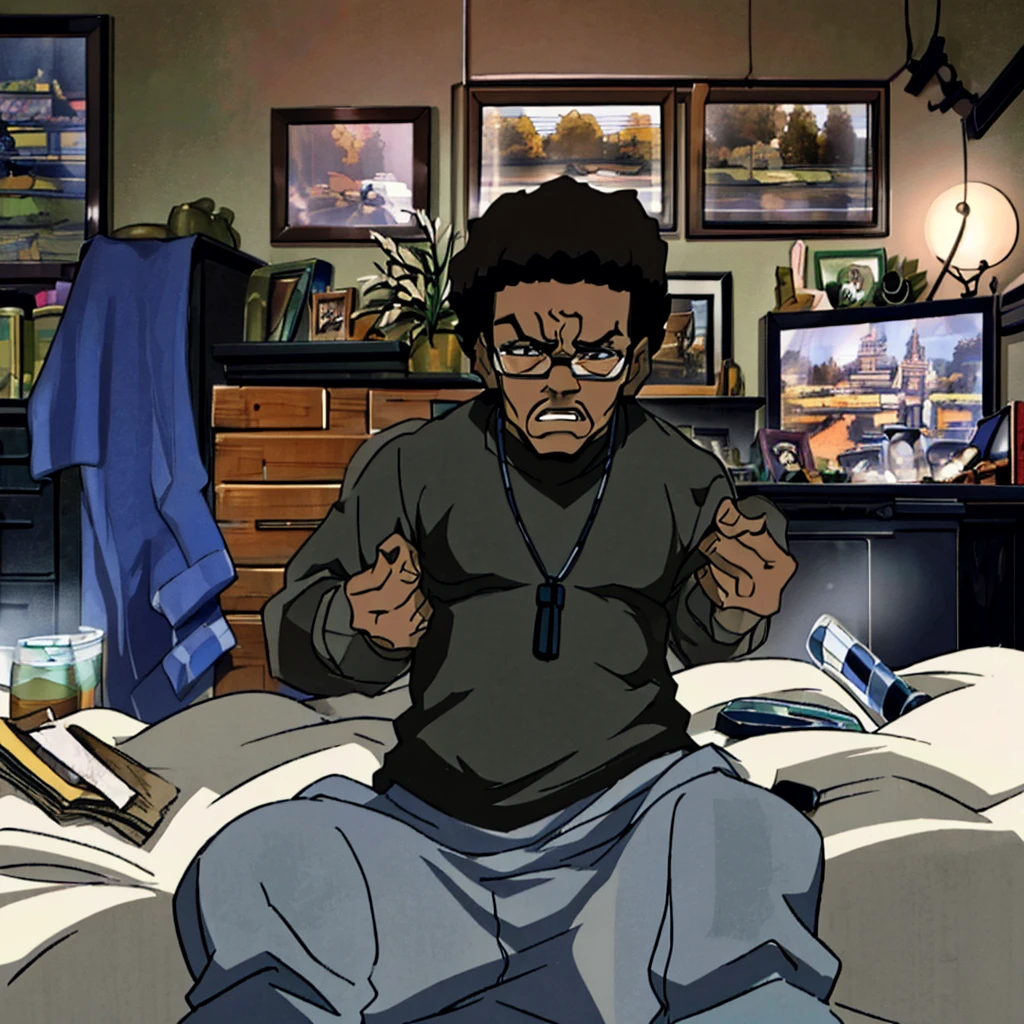 In a high-resolution, ultra-sharp 8k masterpiece, our African man with a tall, slightly chubby body and black skin is beautifully depicted in the iconic Boondocks anime style. His short black hair is neatly groomed, and he sports a stylish black head cover and glasses that frame his lazy eyes. A subtle goatee adds to his laid-back attitude.

The scene is set in his room, where he is seen wearing a black t-shirt and matching pants. The background is detailed and immersive, showcasing his personal space with just the right amount of clutter and personal touches.

As he sits in his room, the exhaustion of not being able to sleep for three days is evident in his slightly drooping eyes and weary expression. Despite his fatigue, there is a sense of quiet contemplation and resilience in his posture.

The artwork captures the essence of this character in stunning detail, making it a true masterpiece that fans of the Boondocks series will appreciate and admire.