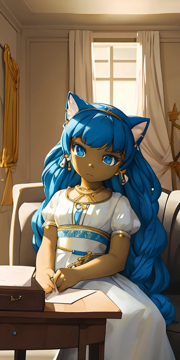 Top quality, best quality, Michelangelo's high-quality illustrations,(Solitary), masterpiece, best quality,Eye, Animal Crossing Muscle, hairy, Blue Hair, Hair accessories, Yellow skin, 黑Eye, White Dress, Tail, Looking at the audience, Serious, Cross your legs, from_below, His sofa, Inside the living room, Hieroglyphics, high quality, masterpiece, 1 Girl,Cat ears,Dark skin tone,clothing,earrings,Jackal ears,Jewelry,Long hair, White Dress, Sit at your desk, She wrote a heartfelt letter, Her expression is both nostalgic and wistful, Dramatic Lighting, Detailed background, masterpiece, best quality, high quality, absurd, The award-winning, professional, Very detailed