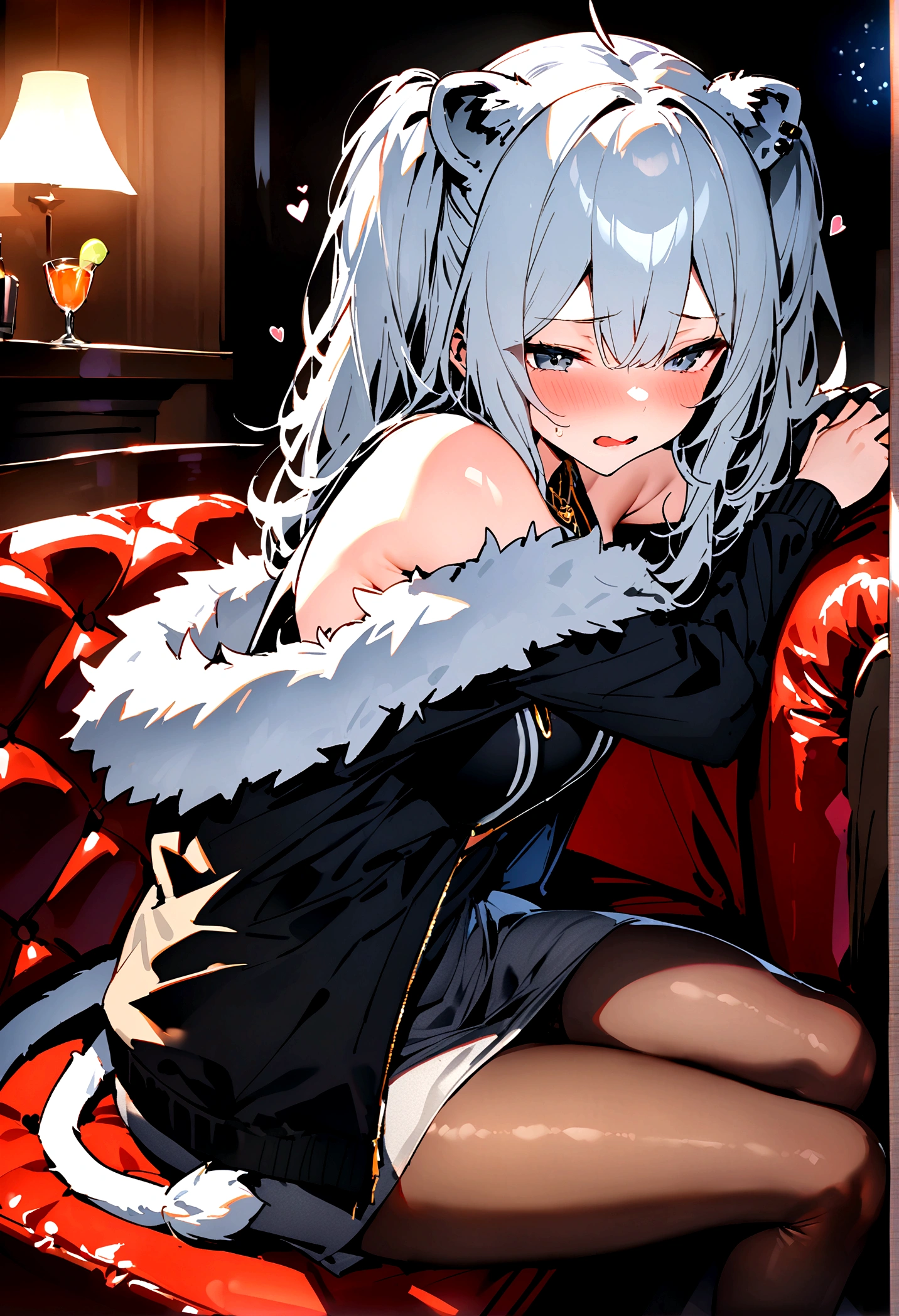 ,masterpiece,Highest quality,High resolution,Super detailed,Shishirabotan\(Hololive\),Long Hair、Two Side Up、Earrings、Lion's Tail,necklace、Black Shirt、Sleeveless shirt、abdomen、See-through、Grey Skirt、片足pantyhose、pantyhose、fur-trimmed jacket、Black jacket、Off the shoulder,Black sexyties,Embarrassed,blush,Luxurious Room,pub,Private room,sofa,Cocktail Glass,(Drunk),(ication),Sitting,heart,Sexy pose,Panhot,Nampa,From the side,(Man),Hug shoulders
