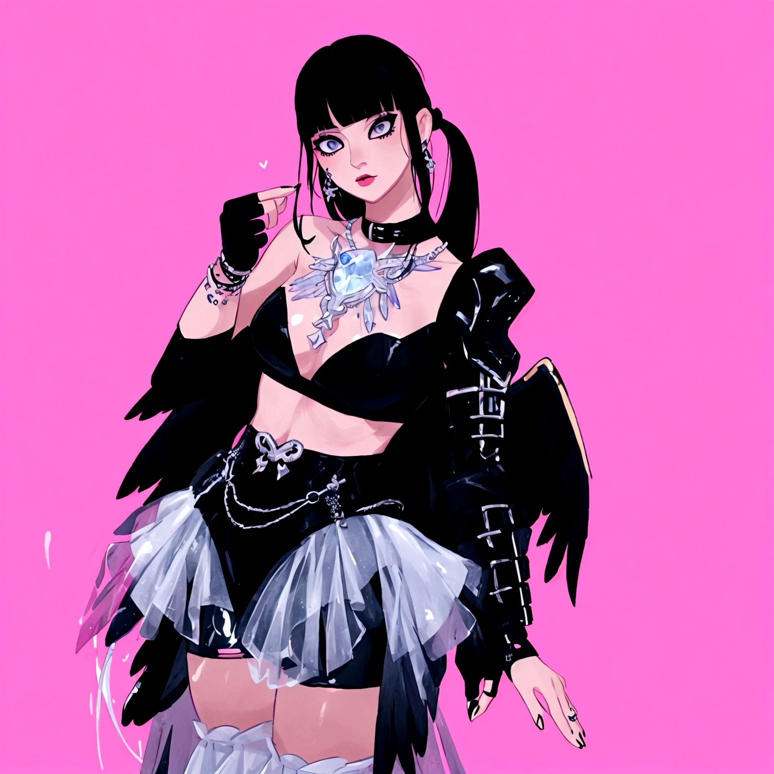 arafed image of a woman in a black outfit imvu, as a mystical valkyrie, villainess has black angel wings, second life avatar, inspired by Sim Sa-jeong, upper body avatar, goth girl aesthetic, she has black hair with bangs, portrait of jossi of blackpink, HD, Detailed, clear color, high quality