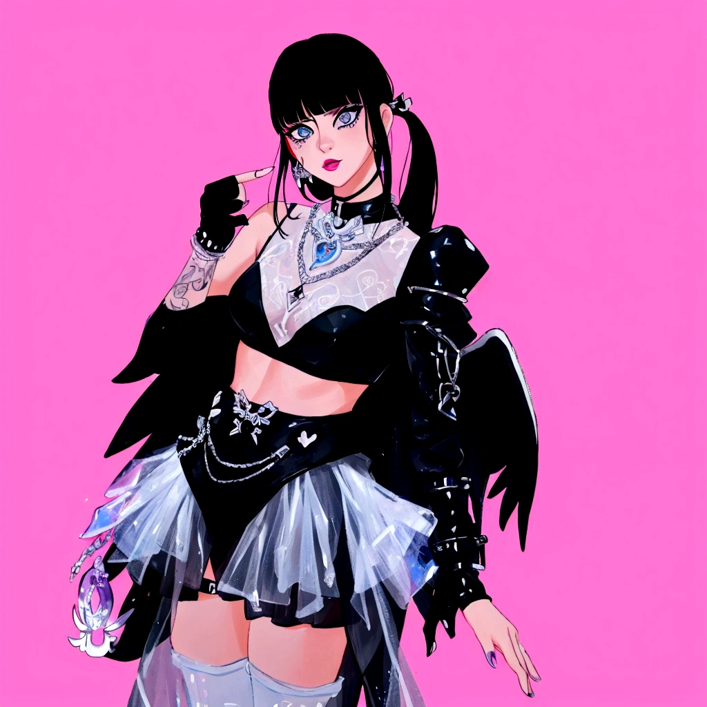 arafed image of a woman in a black outfit imvu, as a mystical valkyrie, villainess has black angel wings, second life avatar, inspired by Sim Sa-jeong, upper body avatar, goth girl aesthetic, she has black hair with bangs, portrait of jossi of blackpink, HD, Detailed, clear color, high quality