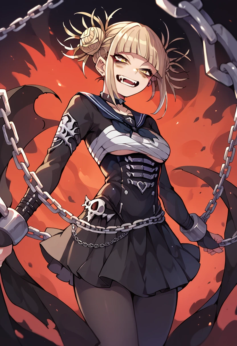 Himiko toga in an Underworld landscape and dressed in a sexy gothic black outfit, with black tights and skirt with chains and revealing (whole body) 