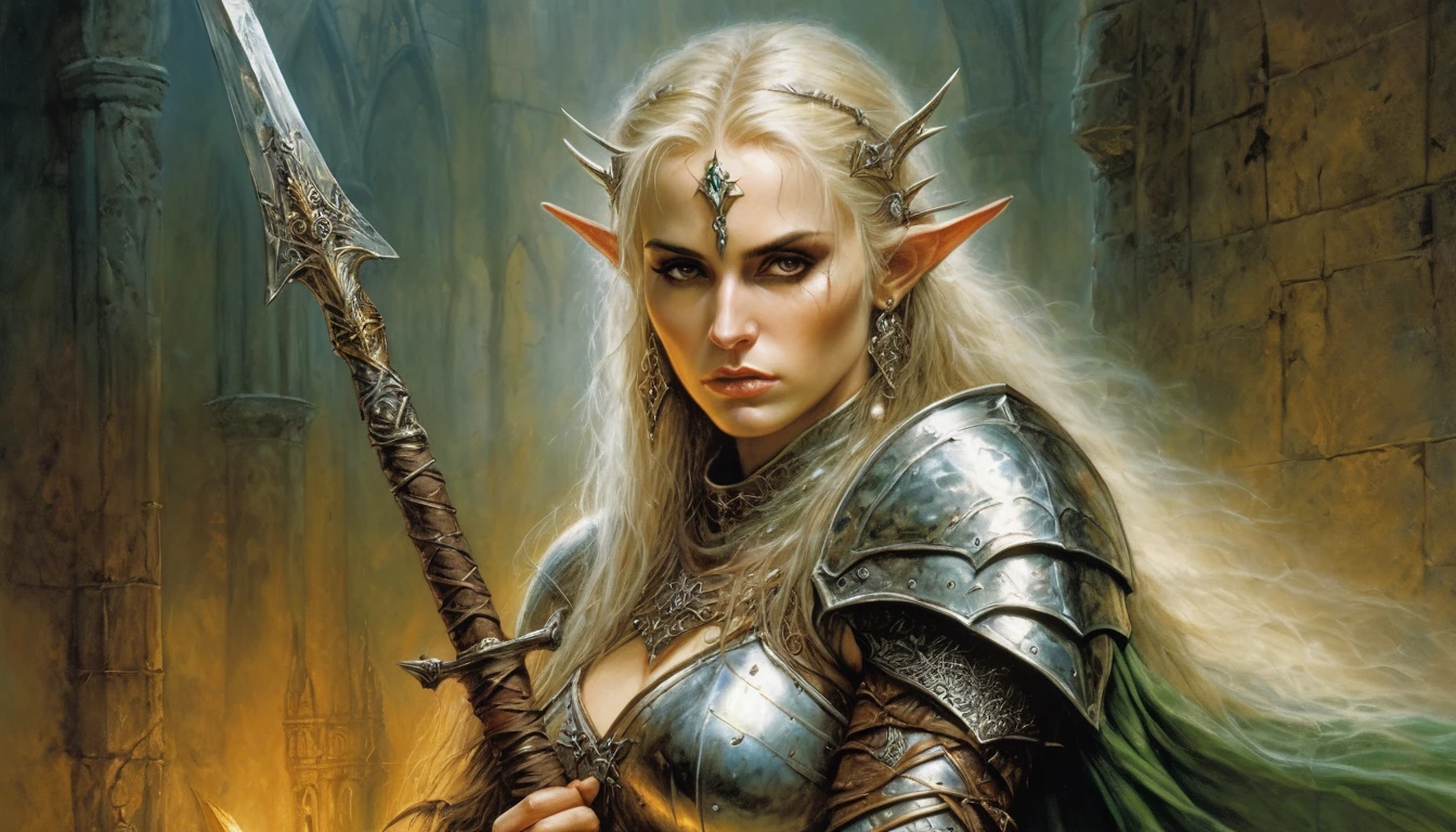 Highly detailed, UHD, 32k, medieval fantasy, Luis Royo style, heavy metal magazine cover, oil on canvas. An elderly female elf heroin in adamantine armor holding an adamantine spear, wounded, agonizing face