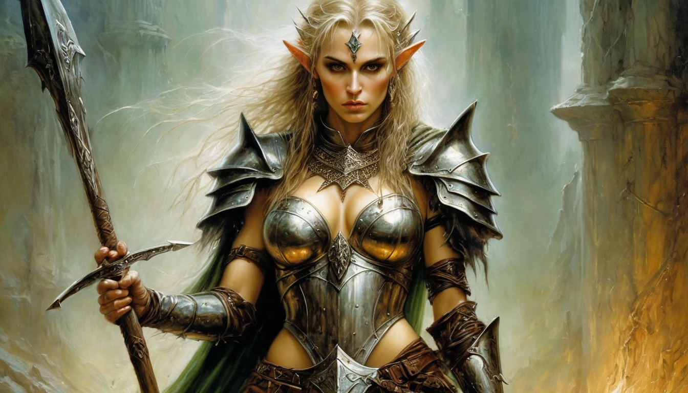 Highly detailed, UHD, 32k, medieval fantasy, Luis Royo style, heavy metal magazine cover, oil on canvas. An elderly female elf heroin in adamantine armor holding an adamantine spear, wounded, agonizing face