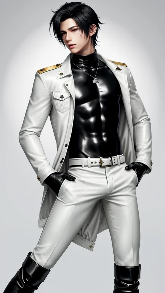 Final fantasy taste and reality graphics, Japanese young cute and cool ikemen boy, his age is early 20s, thin eyebrows and beady eyes, he wearing off white color leather thick material jacket, jacket is singlebrest, biker style jacket, with epaulet, jacket is long sleeve, must close the front of the leather jacket, , jacket is voluminous, , jacket is high length and stand-up collar with two belts, jacket is a little black color line pattern,close the front of the jacket, also wearing black very thick turtleneck lackluster shirts, tight black leather pants, shiny black leather tight and thin glove, black leather knee-high raceup boots,must views head-to-toe,must views whole body, boy looks like fashion model,Do not show skin from the neck down,leather jacket leather glove and leather pants have few wrinkles,boy in the room,