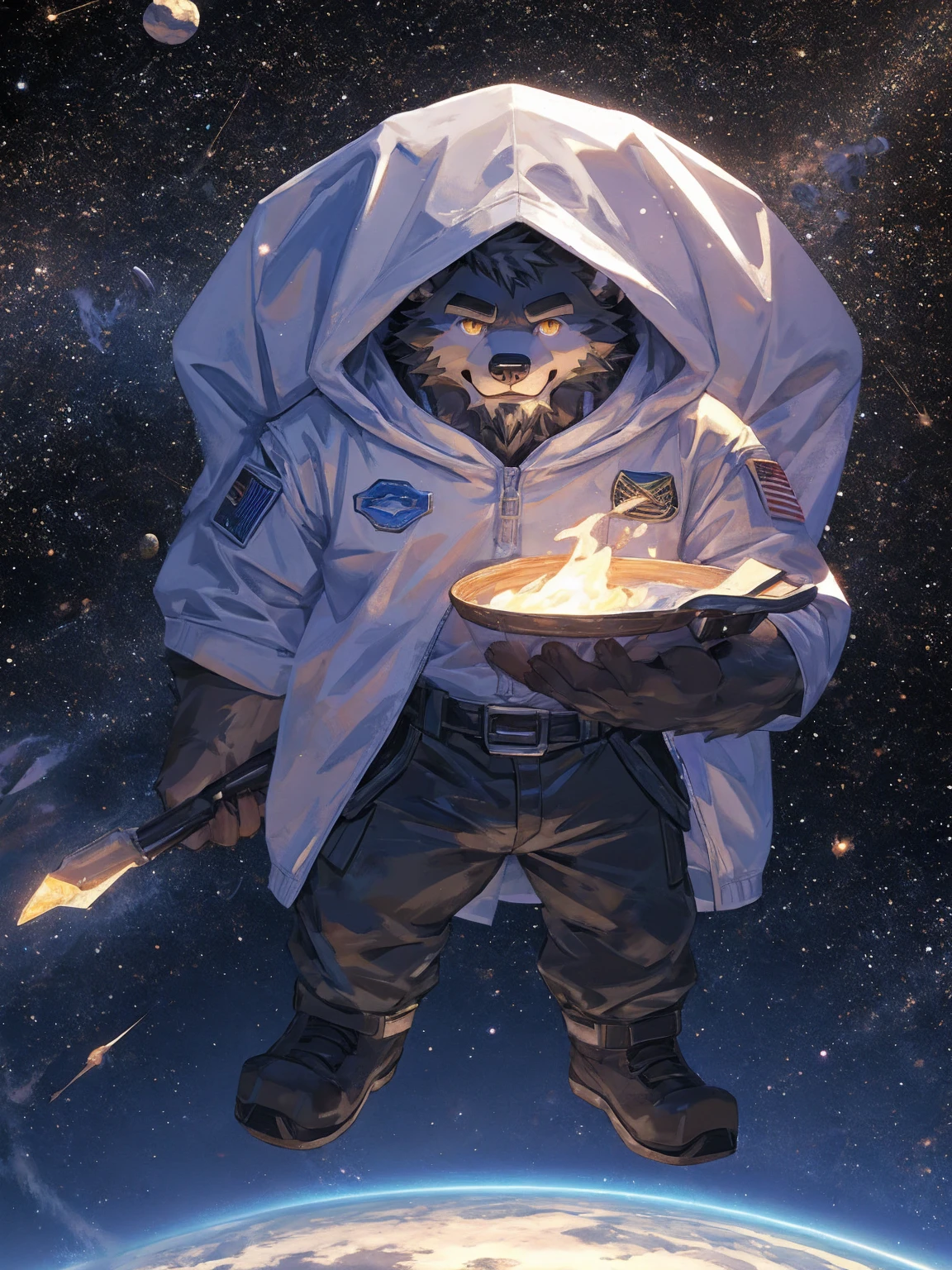 (masterpiece:1.2), best quality,pixiv,official art,perfect anatomy, (Ray tracing, light),solo, (1_male:1.3) , (muscle), (grey fur:1.4), (muscle bear), (beard:1.2), (gleaming golden eyes), bear tail, full body, Thick black eyebrows,(open hooded parka), (naked inside), (cargo pants:1.2), boots , (in the space:1.3) , star , planet , earth , asteroid , character floating