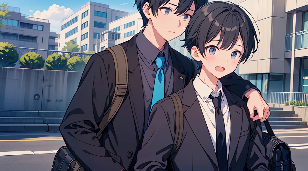 1boy、Highest quality, Ultra-high resolution, masterpiece, 8K quality,My son, a high school student, wears a black .、Blue tie、Carrying a navy blue guitar bag、A mother seeing her son off to high school、 Laughing happily. There is a building in the background, Flat school building, Warm Spring.Face close-up、