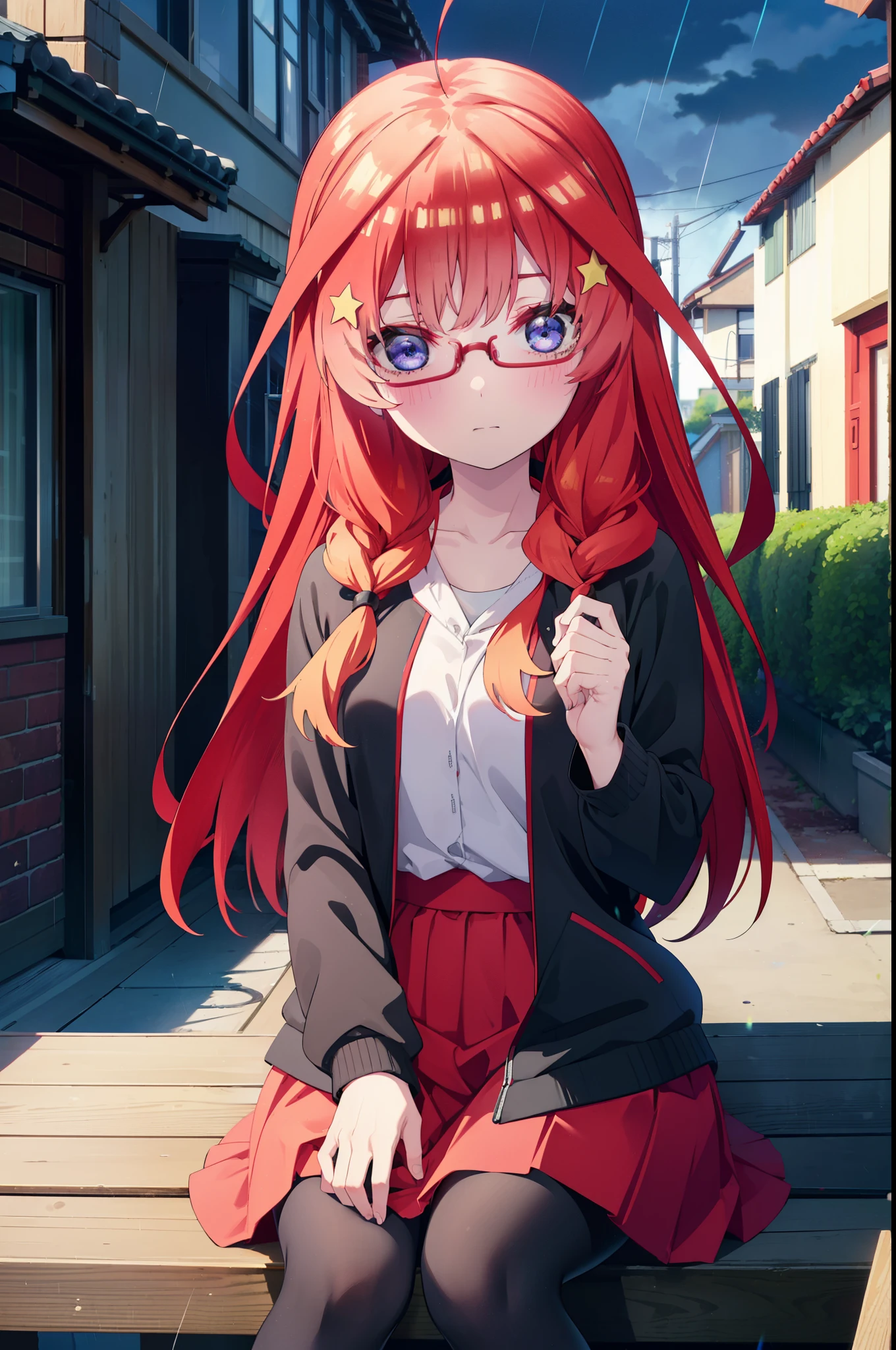 itsukinakano, itsuki nakano, bangs, blue eyes, Hair between the eyes, Ahoge, Redhead, star \(symbol\), hair ornaments, star hair ornaments,Long braids,Baseball hats,Red-rimmed glasses,Oversized red hoodie and long skirt,Black pantyhose,short boots,Hiding in a roofed building,Sitting on the steps of a roofed building,rain,night,whole bodyがイラストに入るように,
break outdoors, Alley,
break looking at viewer, whole body,
break (masterpiece:1.2), Highest quality, High resolution, unity 8k wallpaper, (figure:0.8), (Beautiful attention to detail:1.6), Highly detailed face, Perfect lighting, Highly detailed CG, (Perfect hands, Perfect Anatomy),