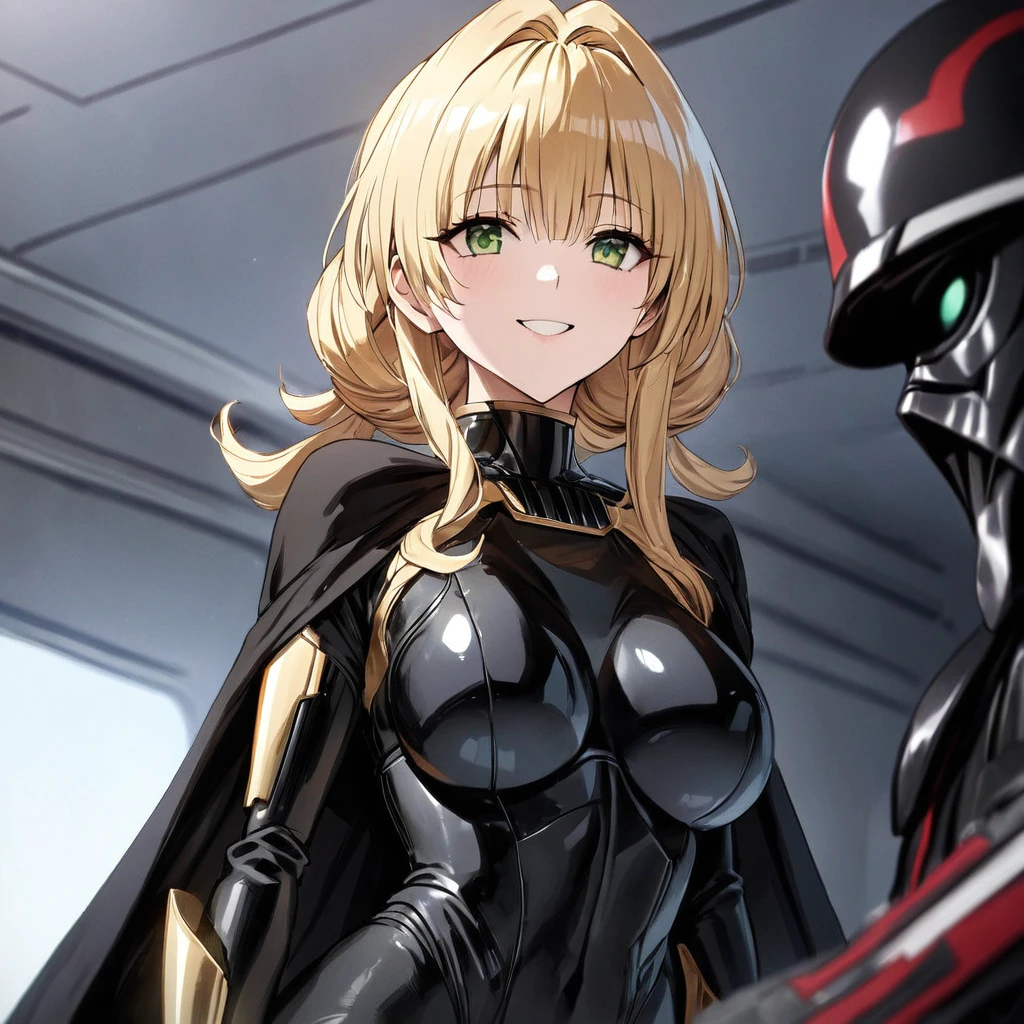 ((Highest quality)), ((masterpiece)), (detailed), (Perfect Face)、The woman is the Sith Lord Tearju, with green eyes and blonde medium-long hair, a female version of Darth Vader, wearing the same bodysuit and protector as Darth Vader, a full-face helmet as Darth Vader, and a black cloak.、The woman is standing next to Darth Vader and smiling sweetly at him.